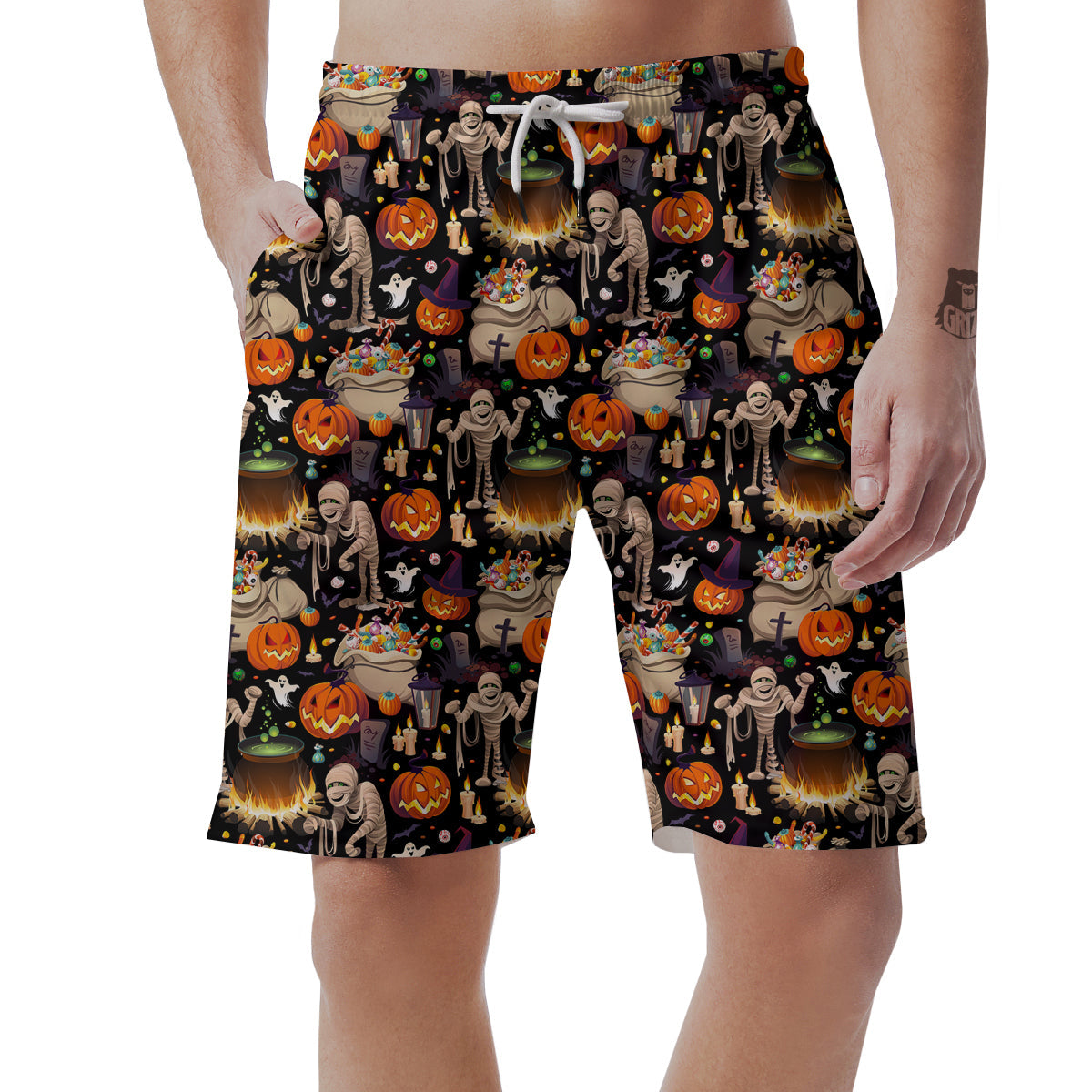 Mummy And Pumpkins Halloween Print Pattern Men's Shorts-grizzshop