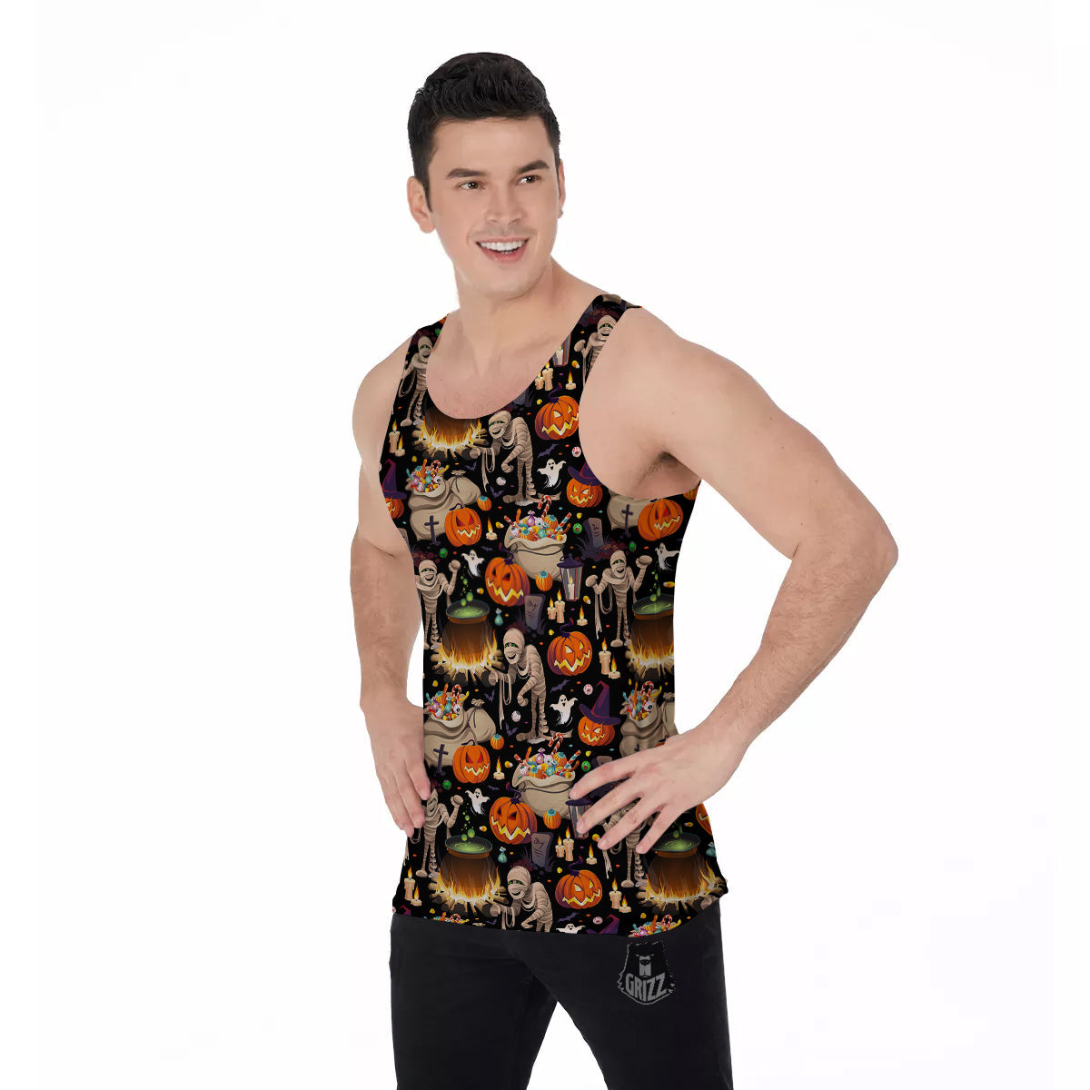 Mummy And Pumpkins Halloween Print Pattern Men's Tank Top-grizzshop