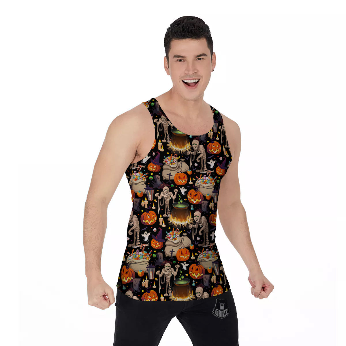 Mummy And Pumpkins Halloween Print Pattern Men's Tank Top-grizzshop