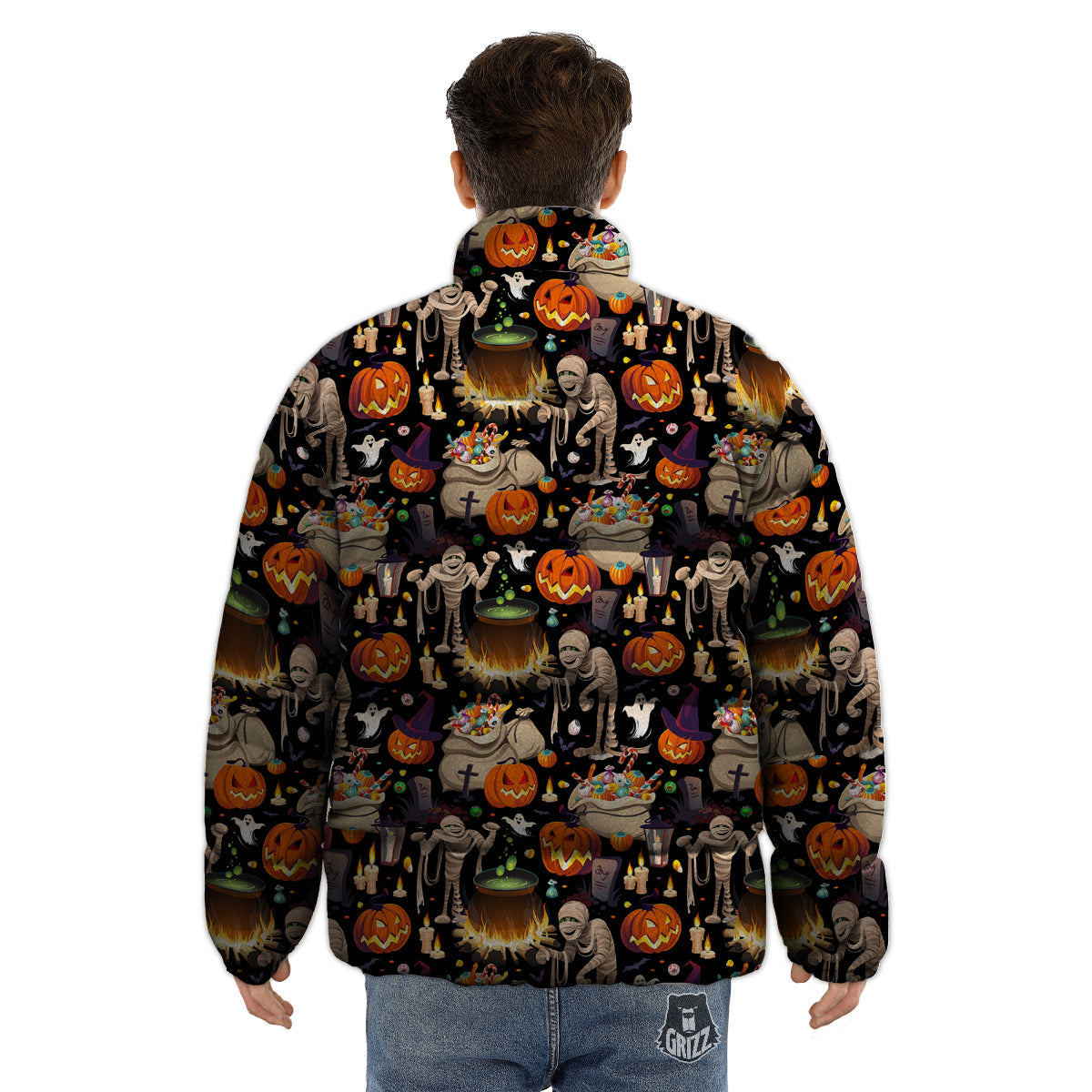 Mummy And Pumpkins Halloween Print Pattern Puffer Jacket-grizzshop