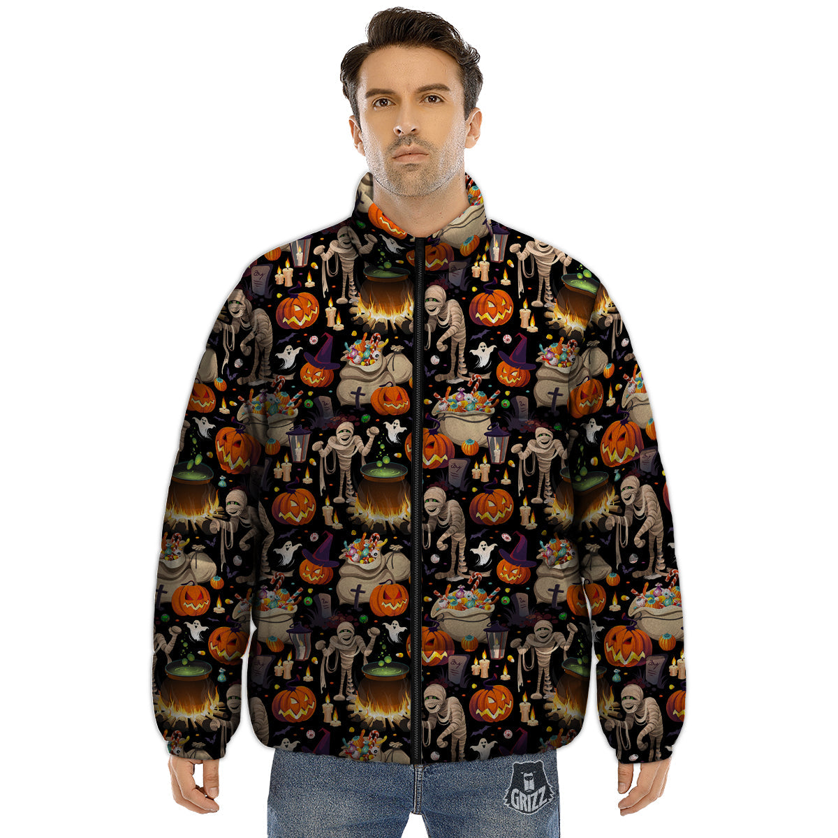 Mummy And Pumpkins Halloween Print Pattern Puffer Jacket-grizzshop