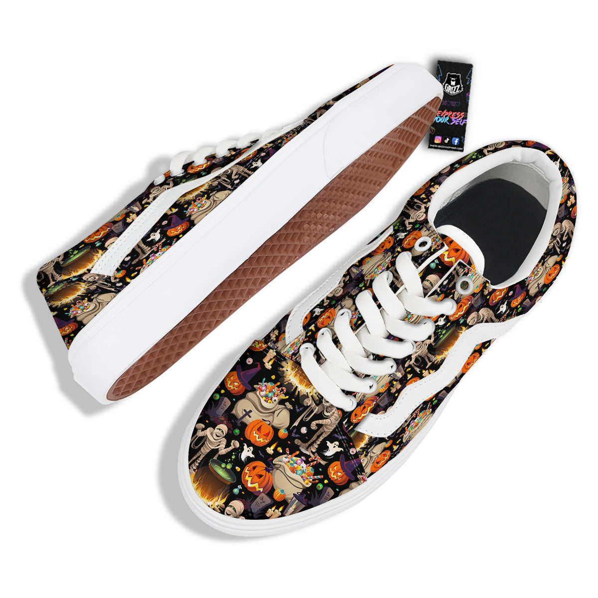 Mummy And Pumpkins Halloween Print Pattern Skate Shoes-grizzshop