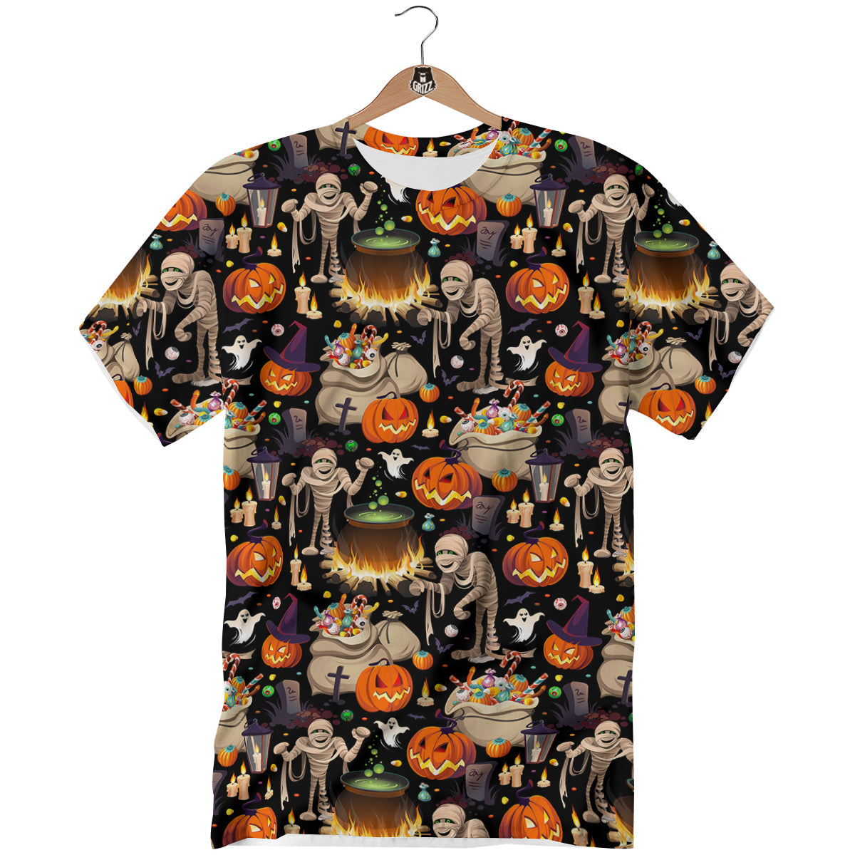 Mummy And Pumpkins Halloween Print Pattern T-Shirt-grizzshop