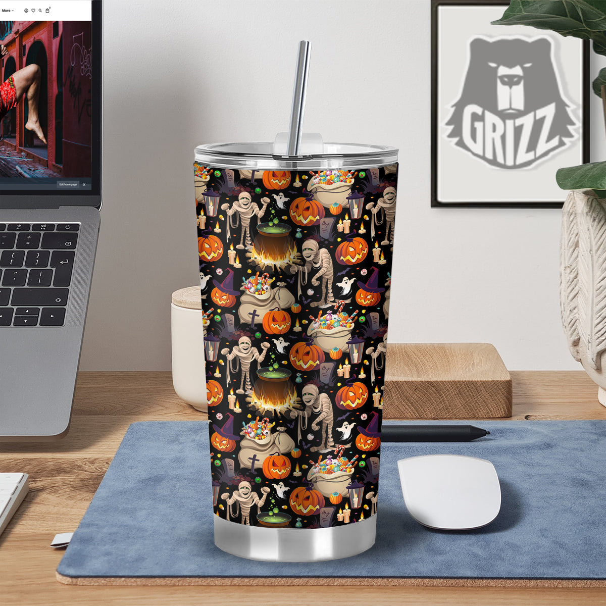 Mummy And Pumpkins Halloween Print Pattern Tumbler-grizzshop