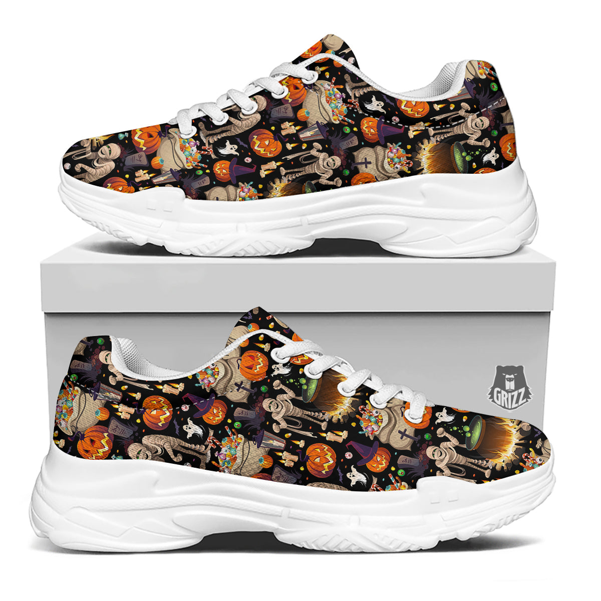Mummy And Pumpkins Halloween Print Pattern White Chunky Shoes-grizzshop
