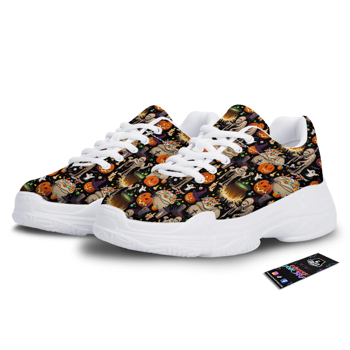 Mummy And Pumpkins Halloween Print Pattern White Chunky Shoes-grizzshop