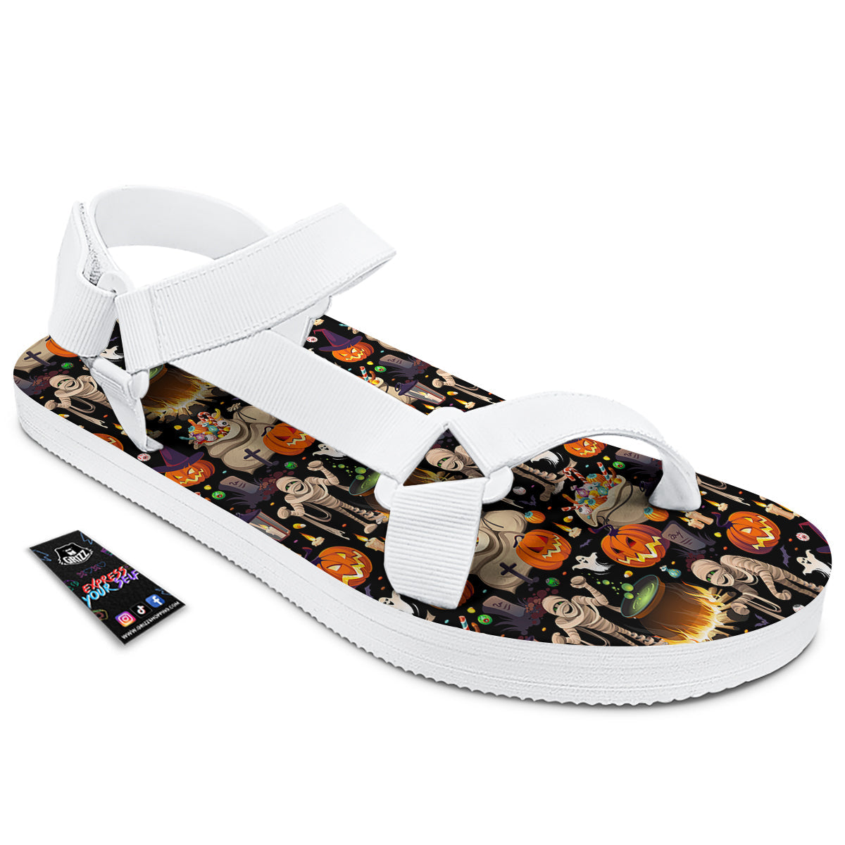 Mummy And Pumpkins Halloween Print Pattern White Open Toe Sandals-grizzshop