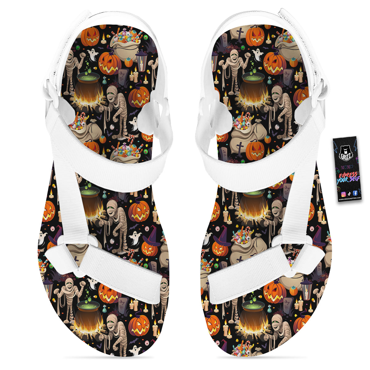 Mummy And Pumpkins Halloween Print Pattern White Open Toe Sandals-grizzshop