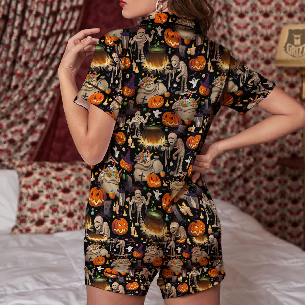 Mummy And Pumpkins Halloween Print Pattern Women Silk Pajamas-grizzshop