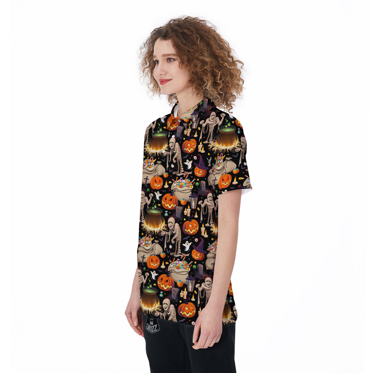 Mummy And Pumpkins Halloween Print Pattern Women's Golf Shirts-grizzshop
