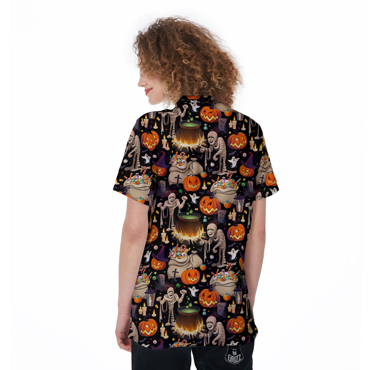 Mummy And Pumpkins Halloween Print Pattern Women's Golf Shirts-grizzshop