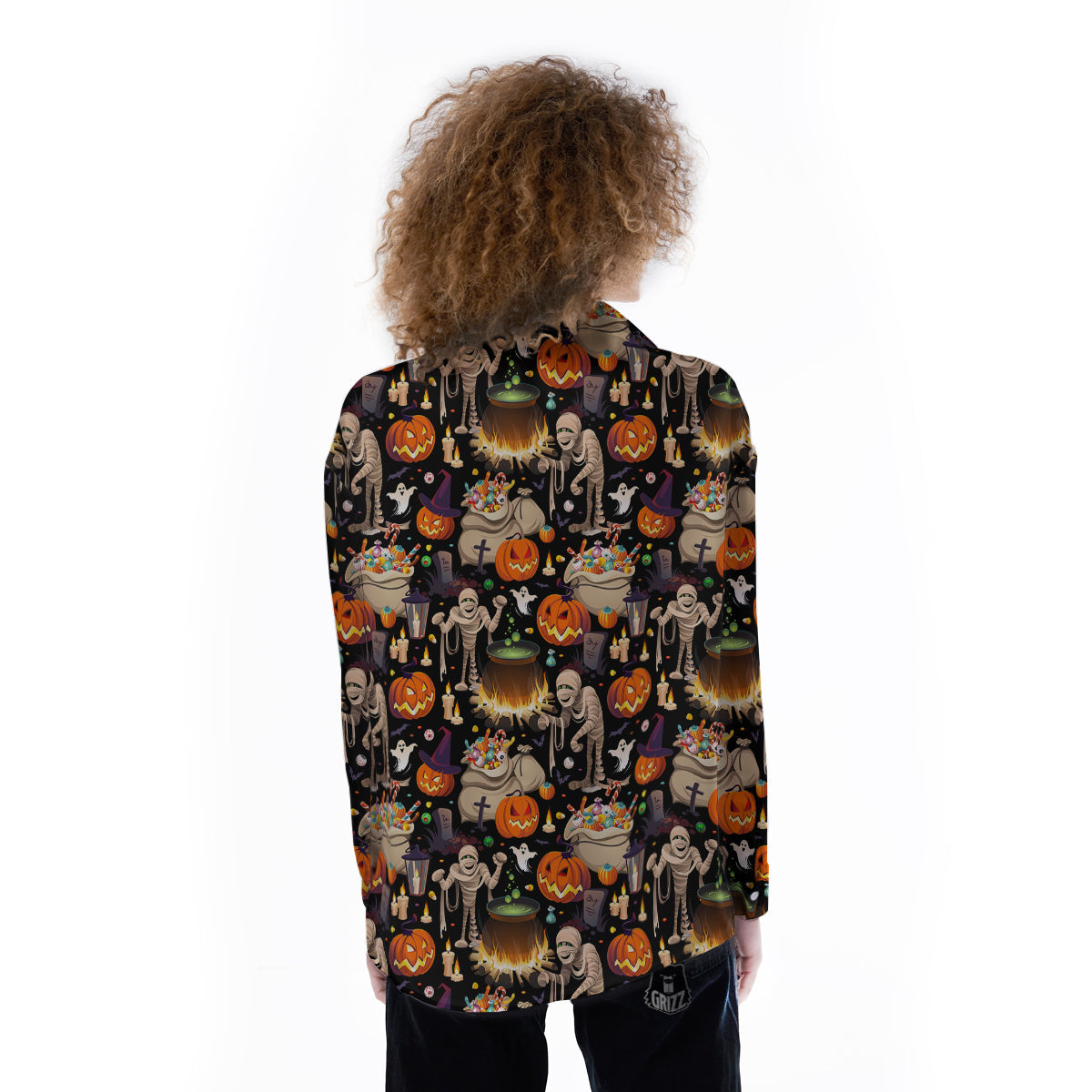 Mummy And Pumpkins Halloween Print Pattern Women's Long Sleeve Shirts-grizzshop