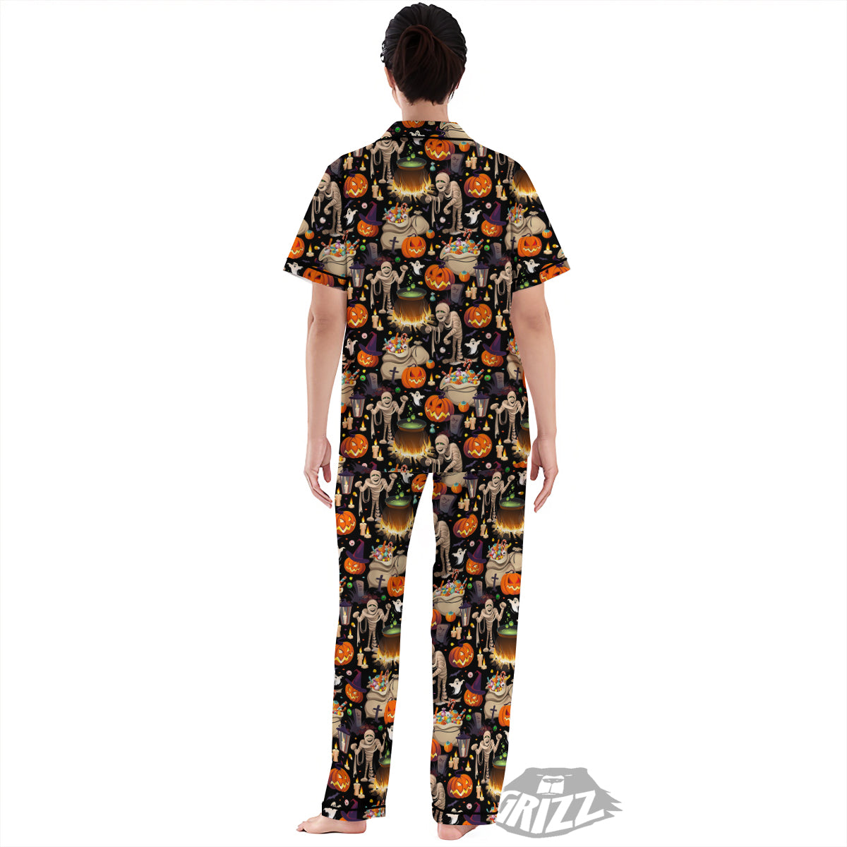 Mummy And Pumpkins Halloween Print Pattern Women's Pajamas Set-grizzshop