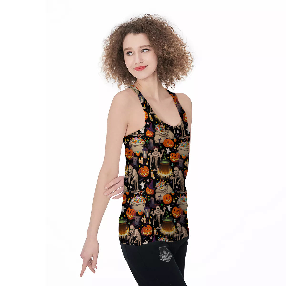 Mummy And Pumpkins Halloween Print Pattern Women's Racerback Tank Top-grizzshop