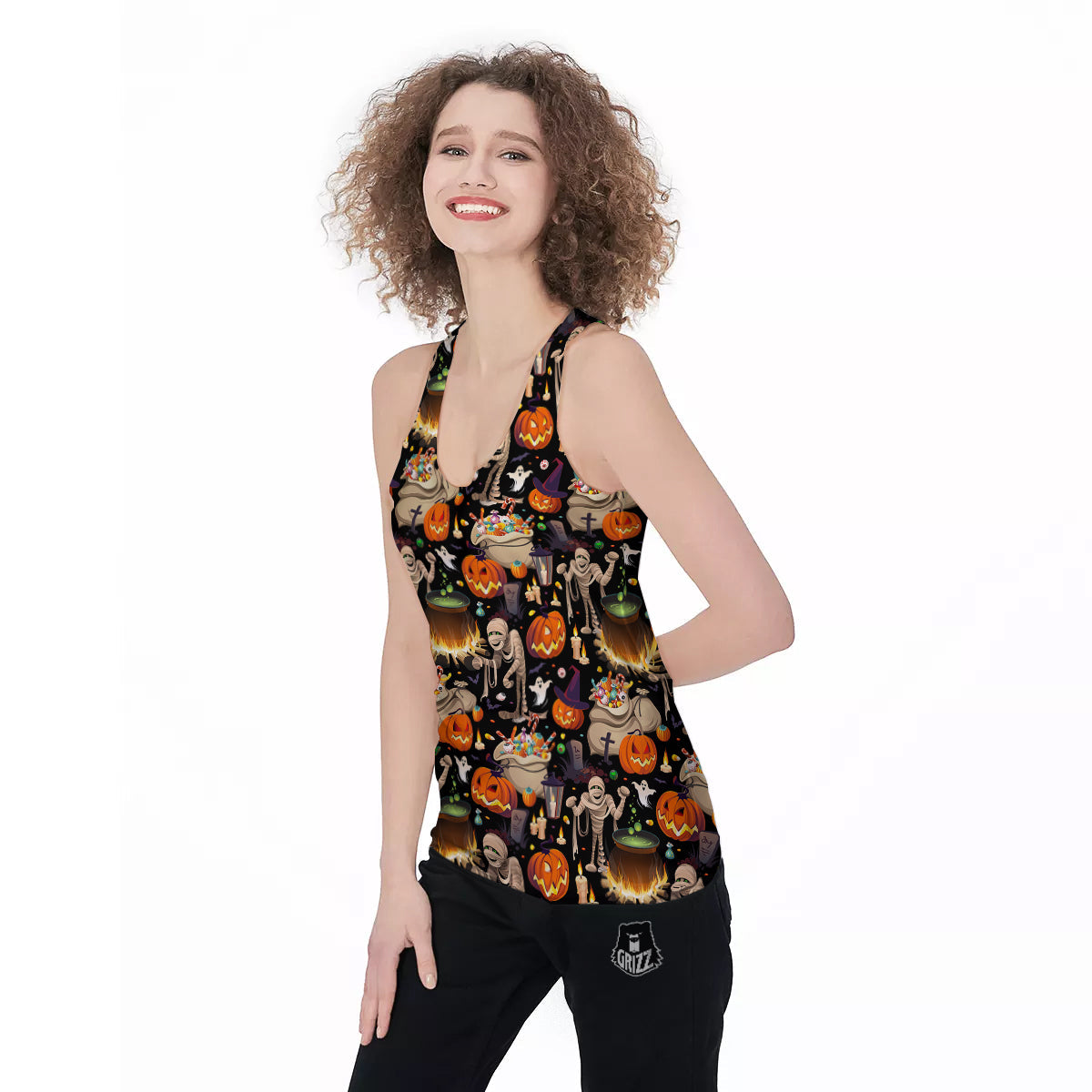 Mummy And Pumpkins Halloween Print Pattern Women's Racerback Tank Top-grizzshop
