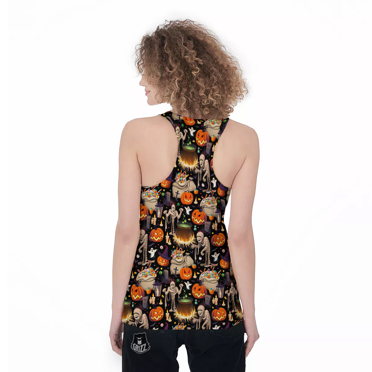 Mummy And Pumpkins Halloween Print Pattern Women's Racerback Tank Top-grizzshop