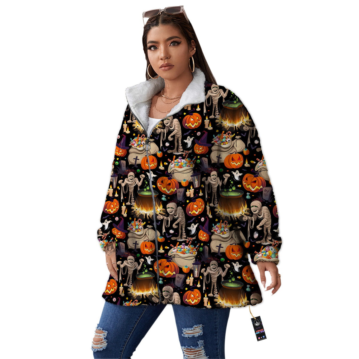 Mummy And Pumpkins Halloween Print Pattern Women's Sherpa Jacket-grizzshop