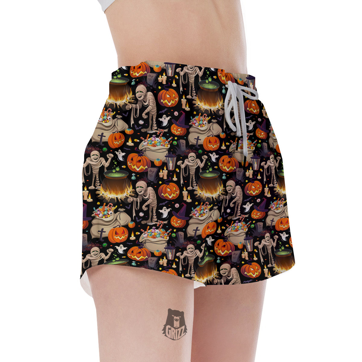 Mummy And Pumpkins Halloween Print Pattern Women's Shorts-grizzshop