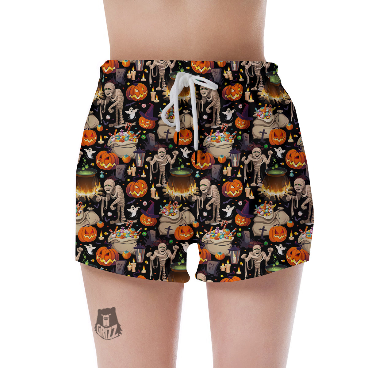 Mummy And Pumpkins Halloween Print Pattern Women's Shorts-grizzshop
