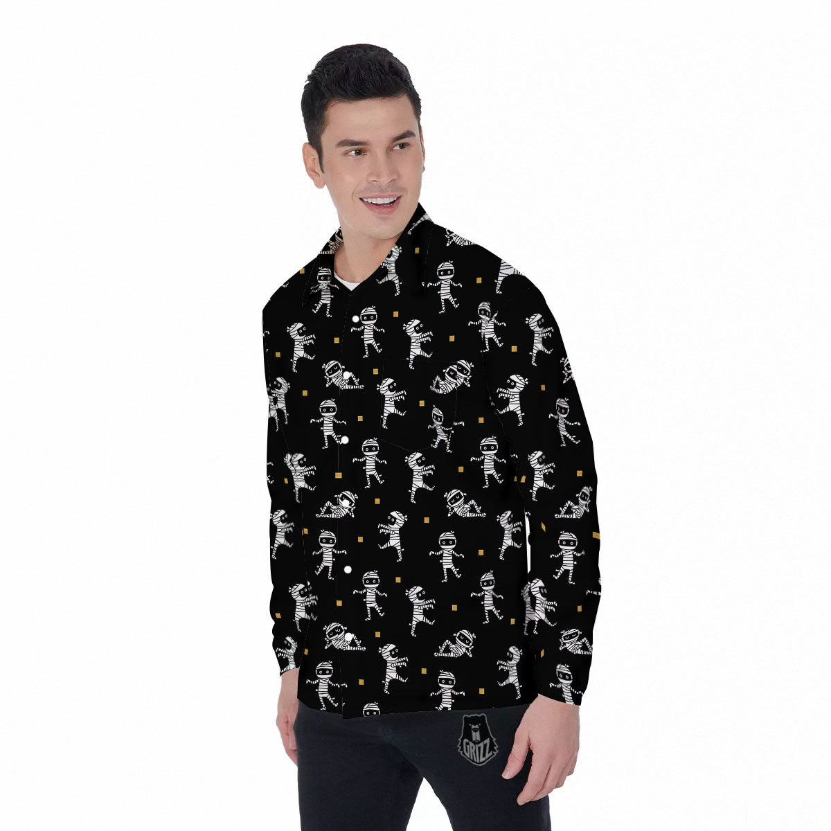 Mummy Cartoon Print Pattern Men's Long Sleeve Shirts-grizzshop