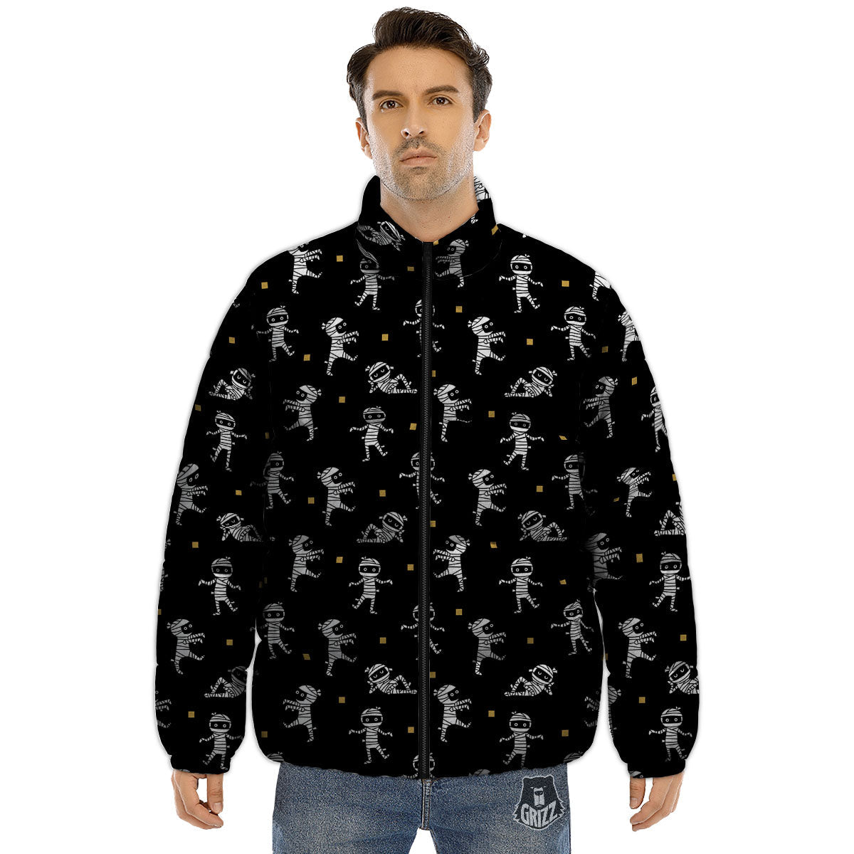 Mummy Cartoon Print Pattern Puffer Jacket-grizzshop