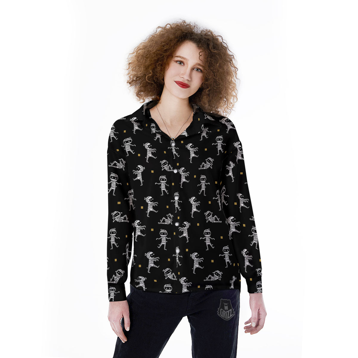 Mummy Cartoon Print Pattern Women's Long Sleeve Shirts-grizzshop