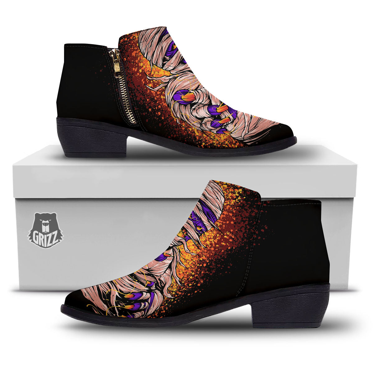 Mummy Halloween Print Ankle Boots-grizzshop