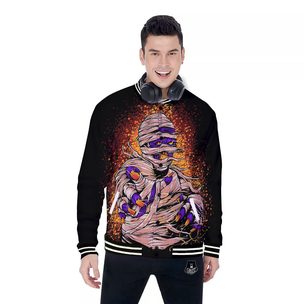 Mummy Halloween Print Baseball Jacket-grizzshop