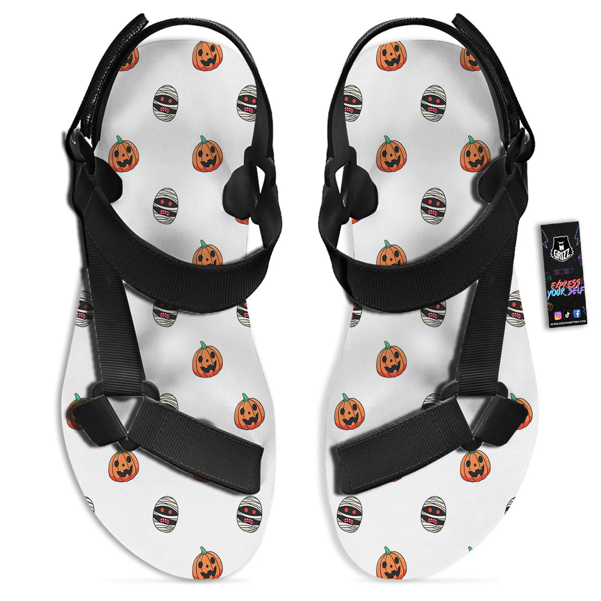 Mummy Halloween Print Pattern Black Open Toe Sandals-grizzshop