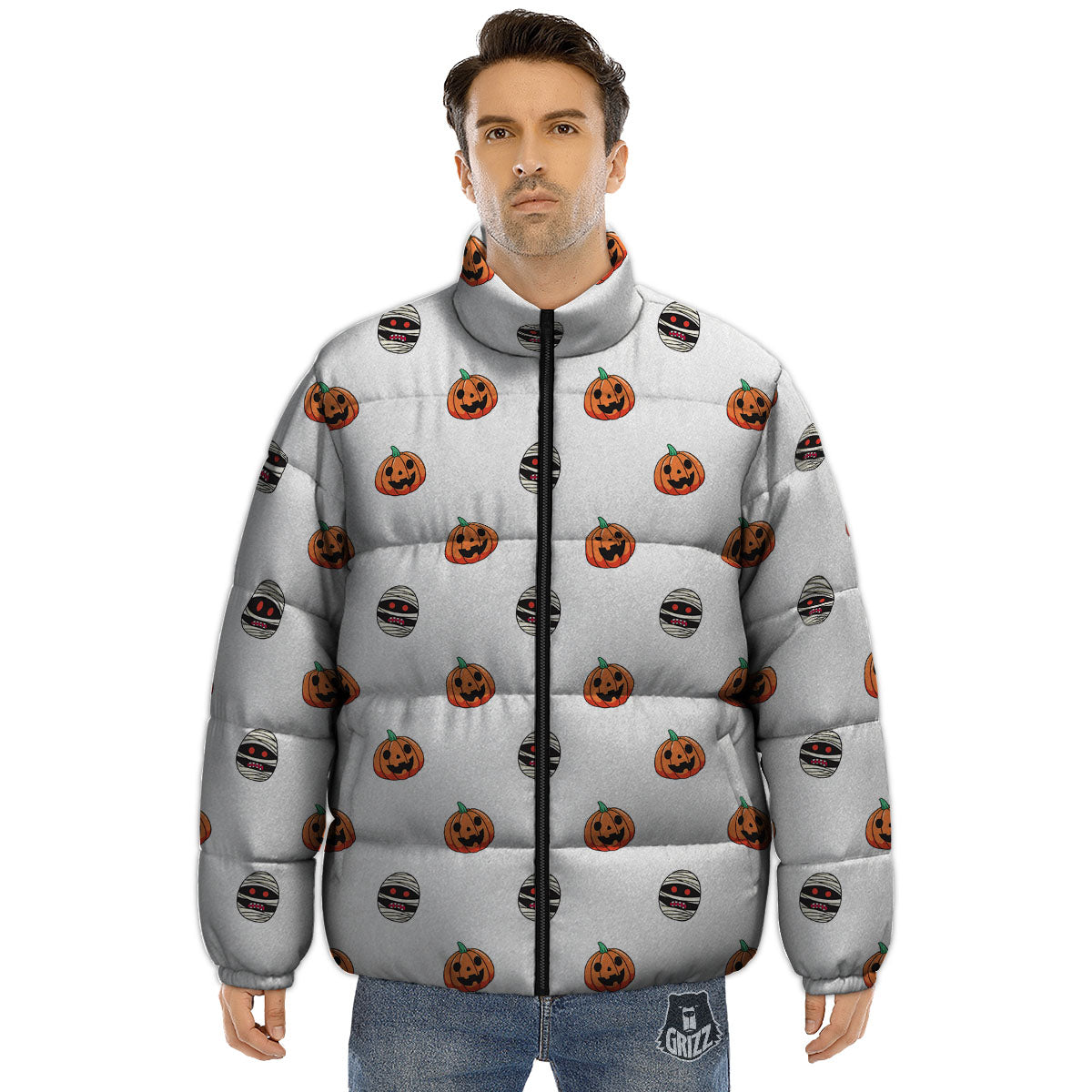 Mummy Halloween Print Pattern Puffer Jacket-grizzshop