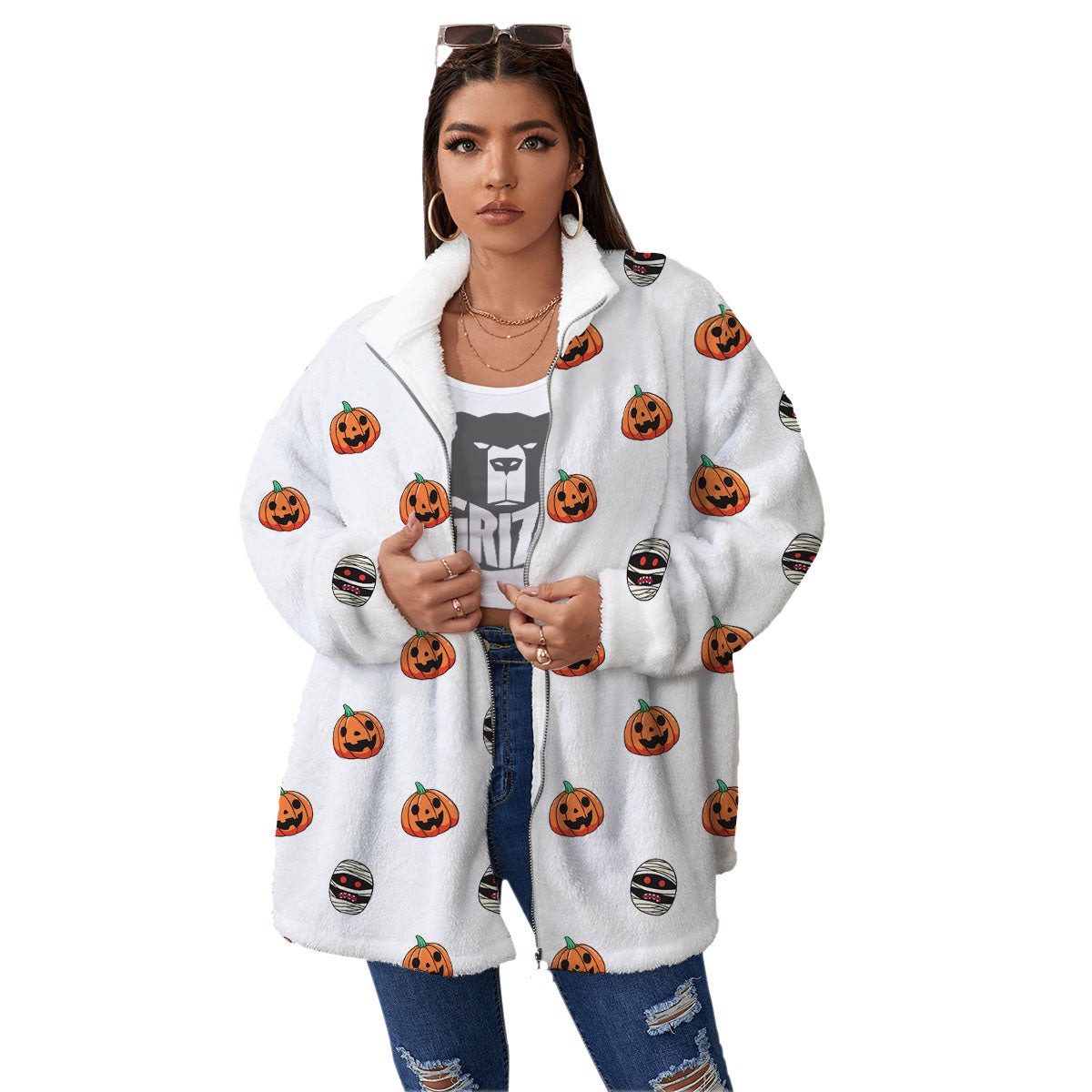 Mummy Halloween Print Pattern Women's Sherpa Jacket-grizzshop