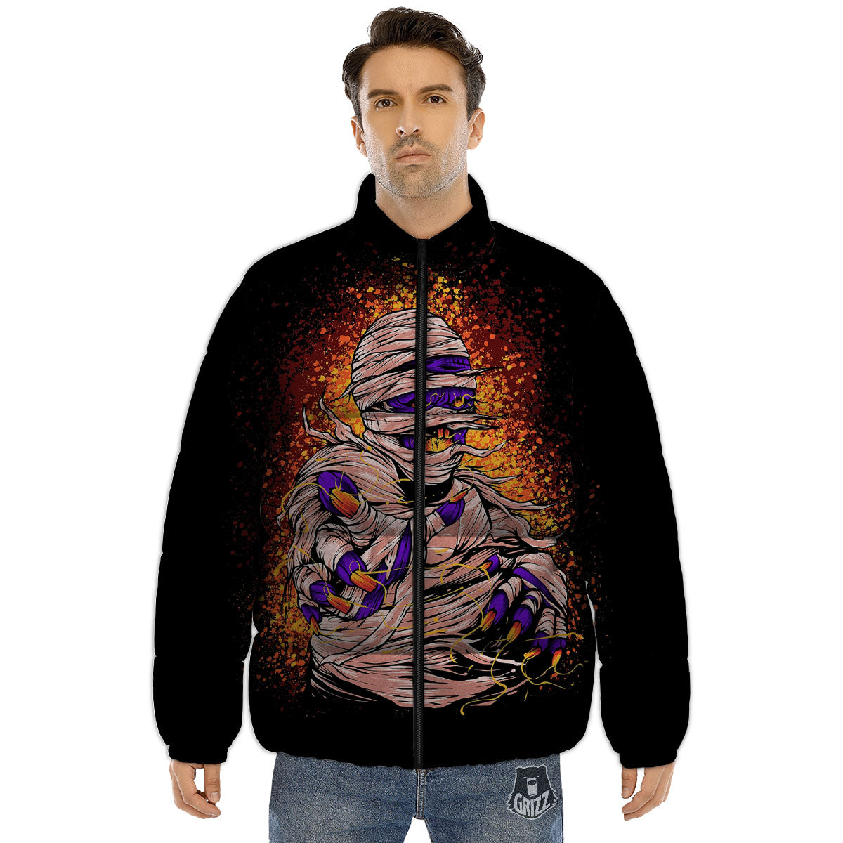 Mummy Halloween Print Puffer Jacket-grizzshop