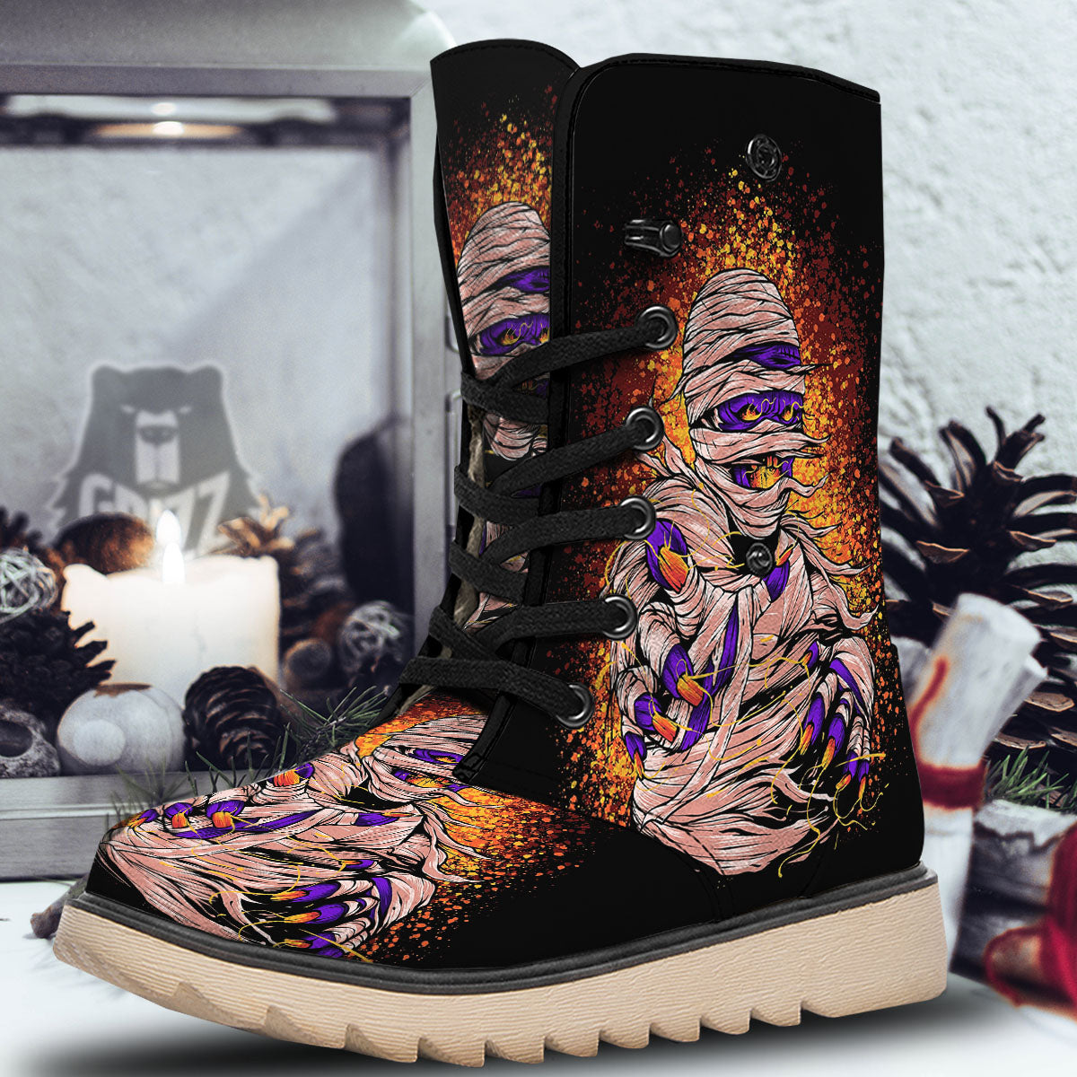 Mummy Halloween Print Snow Boots-grizzshop