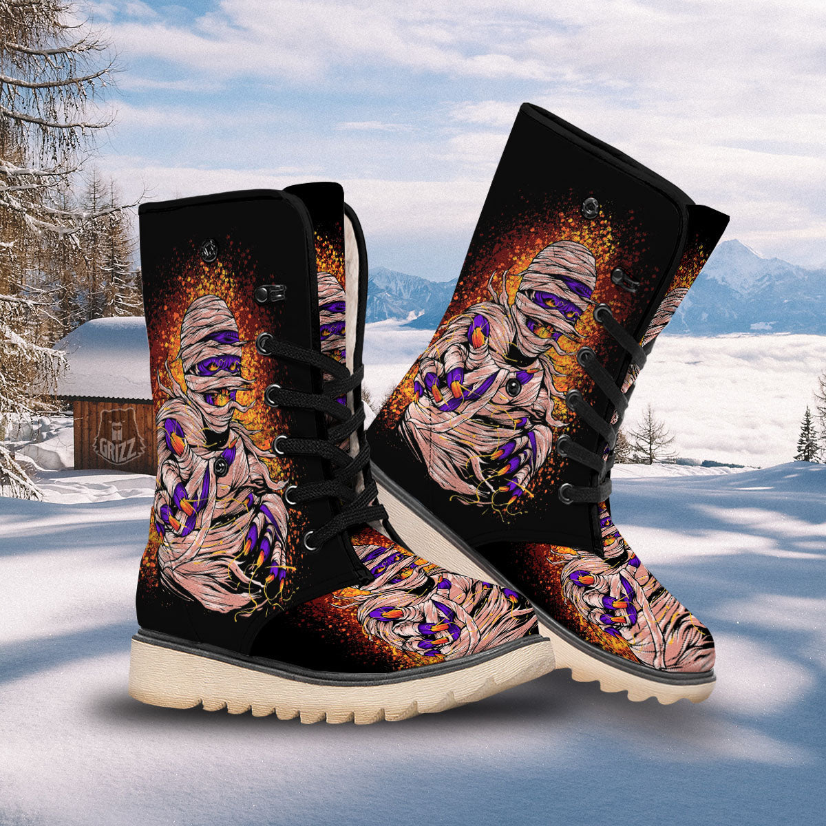 Mummy Halloween Print Snow Boots-grizzshop