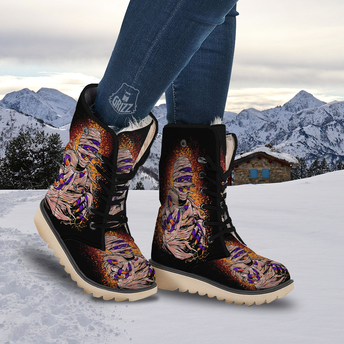 Mummy Halloween Print Snow Boots-grizzshop