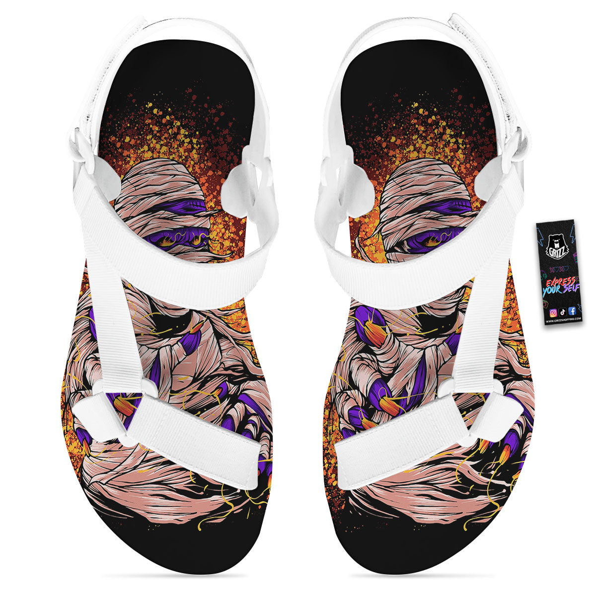 Mummy Halloween Print White Open Toe Sandals-grizzshop