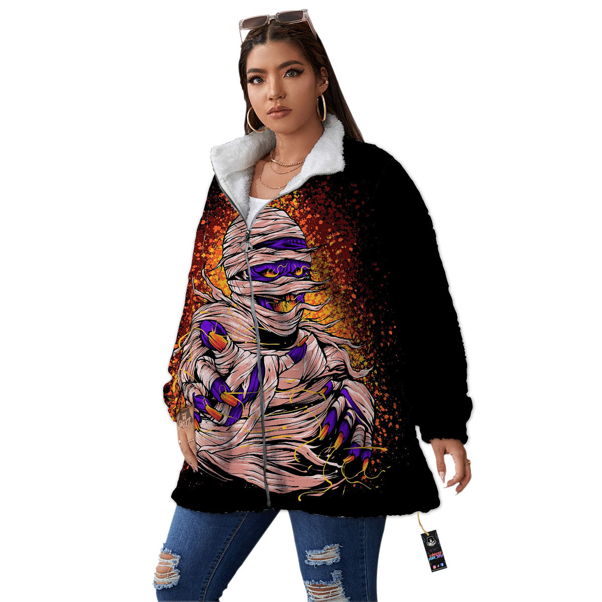 Mummy Halloween Print Women's Sherpa Jacket-grizzshop