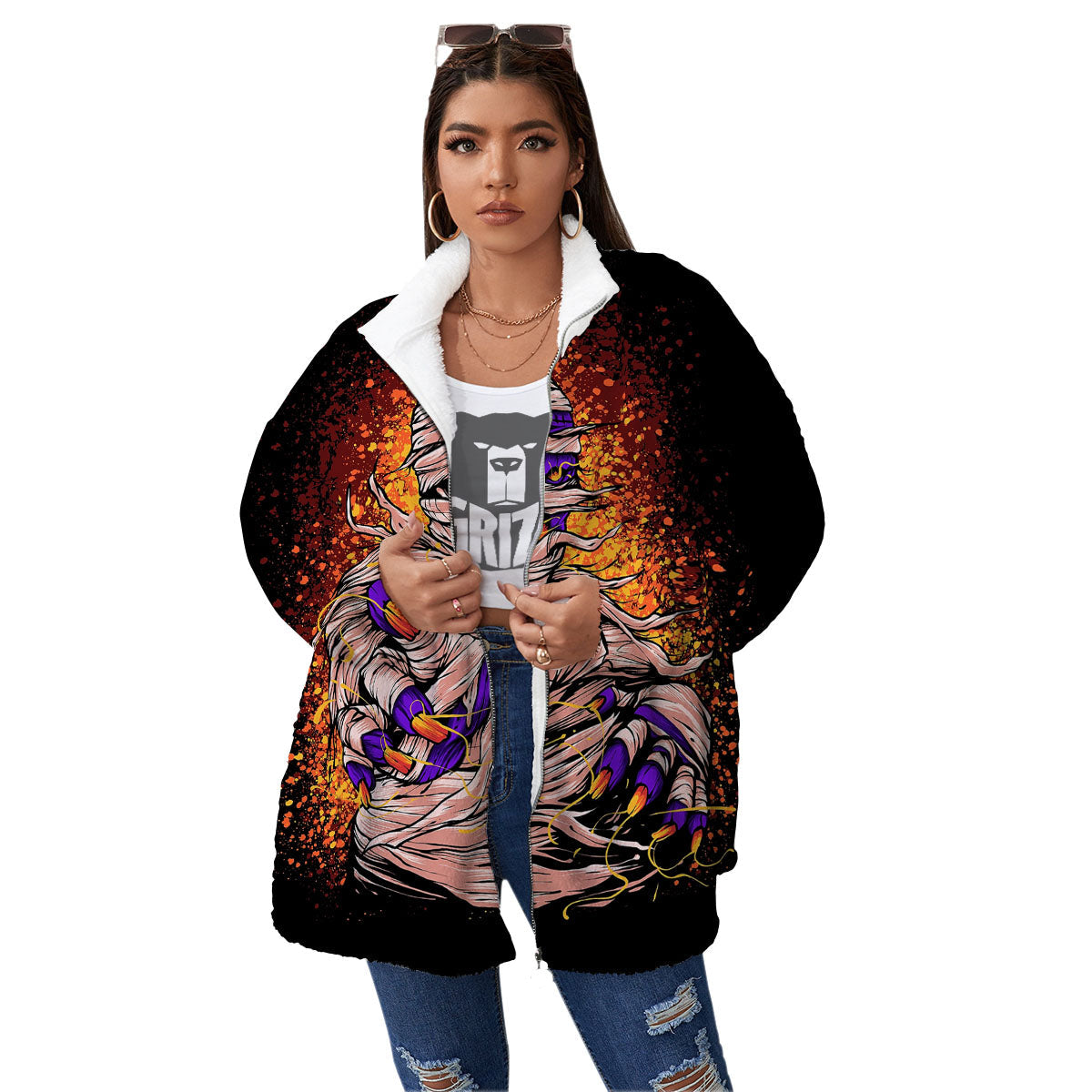 Mummy Halloween Print Women's Sherpa Jacket-grizzshop