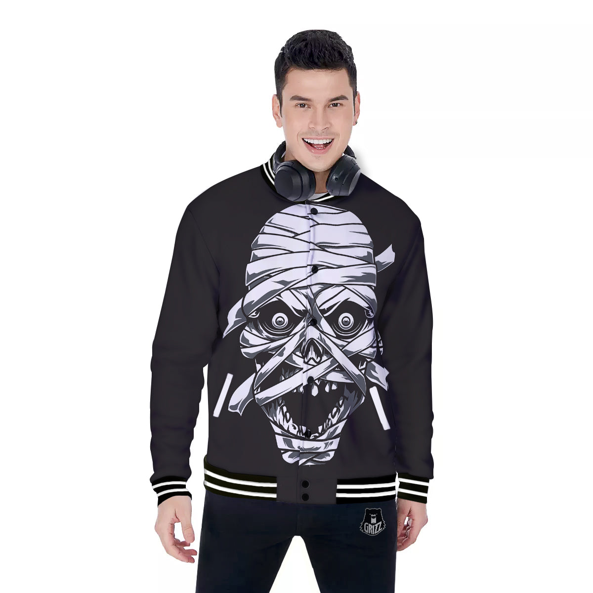 Mummy Head Print Baseball Jacket-grizzshop