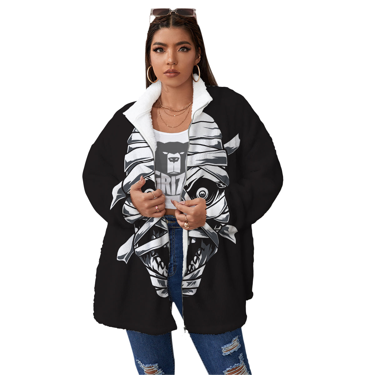 Mummy Head Print Women's Sherpa Jacket-grizzshop
