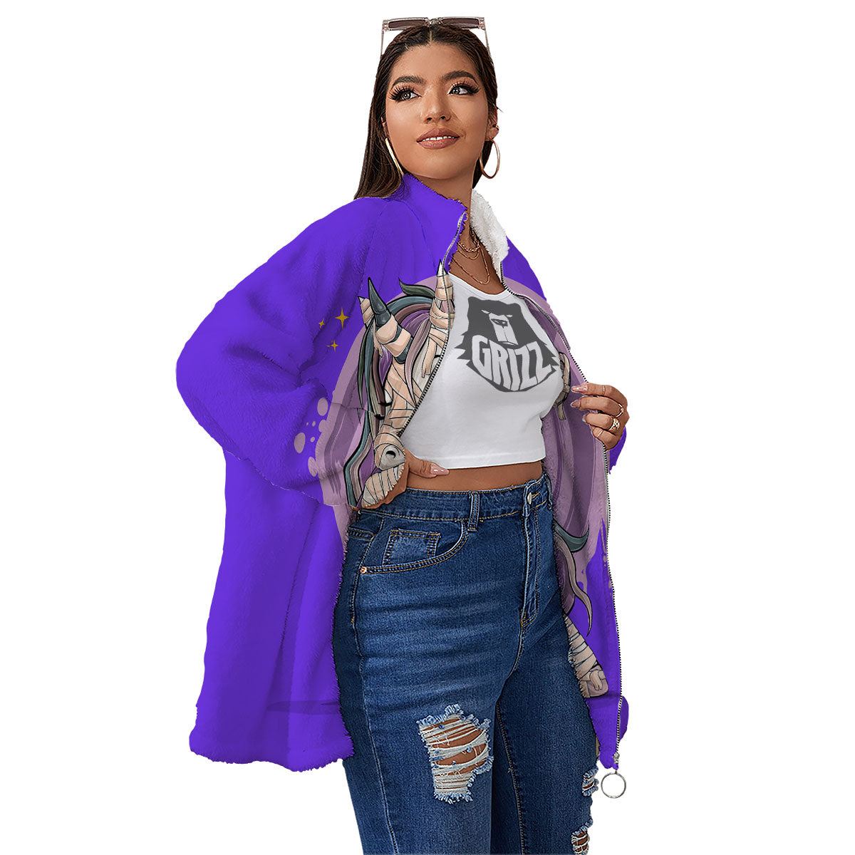 Mummy Unicorn Dap Print Women's Sherpa Jacket-grizzshop