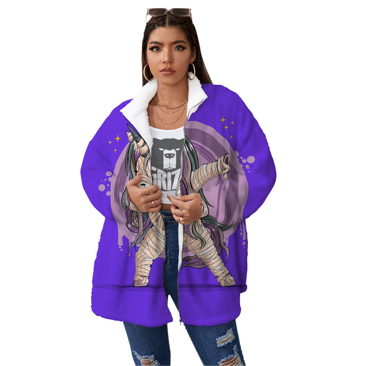 Mummy Unicorn Dap Print Women's Sherpa Jacket-grizzshop