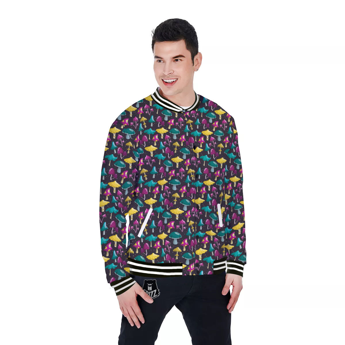 Mushroom Cartoon Print Pattern Baseball Jacket-grizzshop