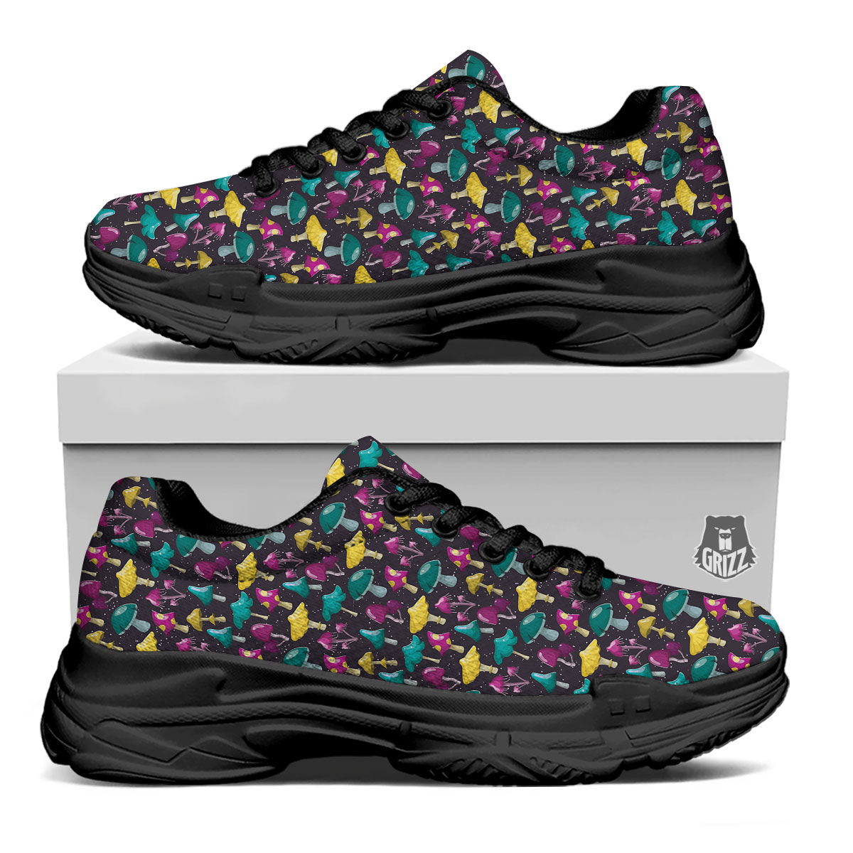 Mushroom Cartoon Print Pattern Black Chunky Shoes-grizzshop