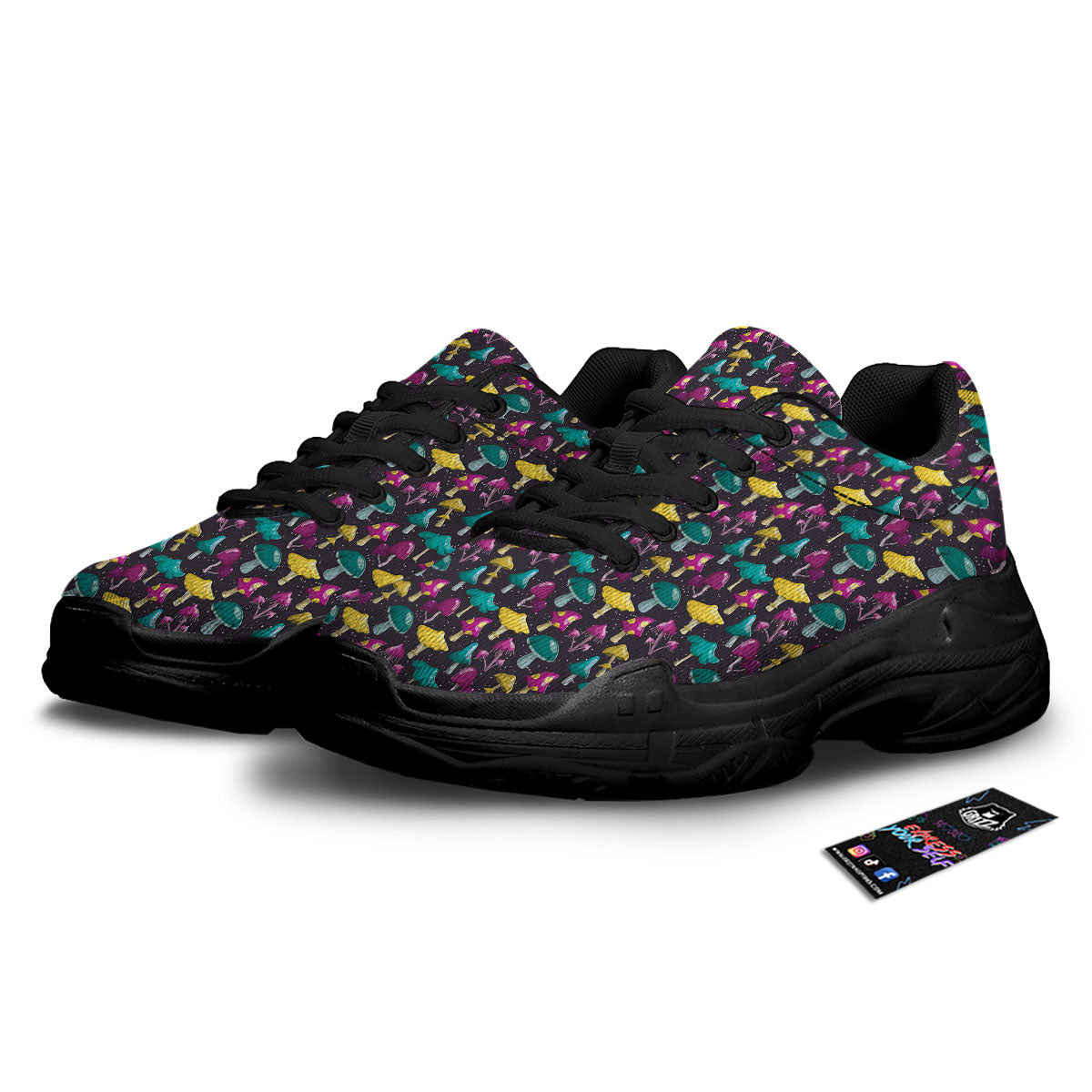 Mushroom Cartoon Print Pattern Black Chunky Shoes-grizzshop