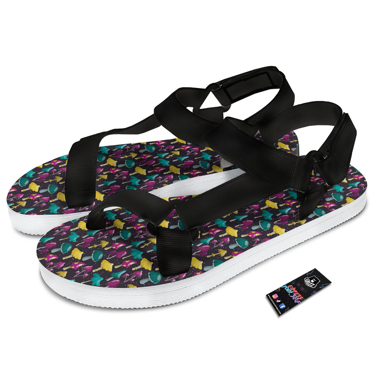 Mushroom Cartoon Print Pattern Black Open Toe Sandals-grizzshop