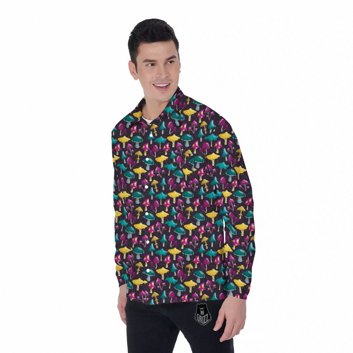Mushroom Cartoon Print Pattern Men's Long Sleeve Shirts-grizzshop