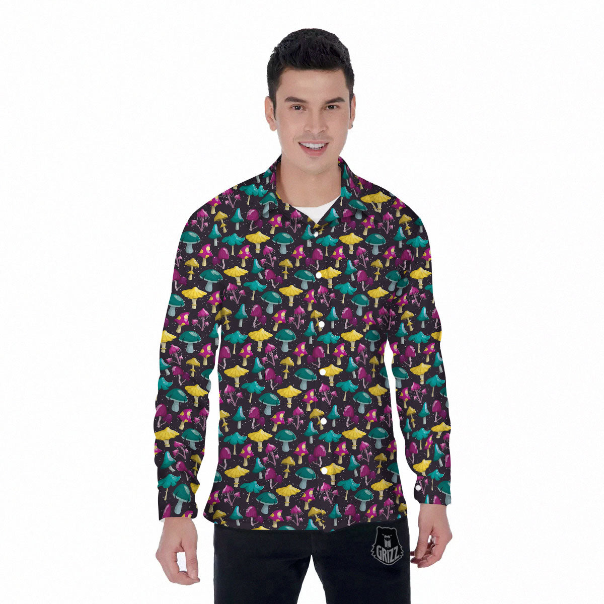 Mushroom Cartoon Print Pattern Men's Long Sleeve Shirts-grizzshop