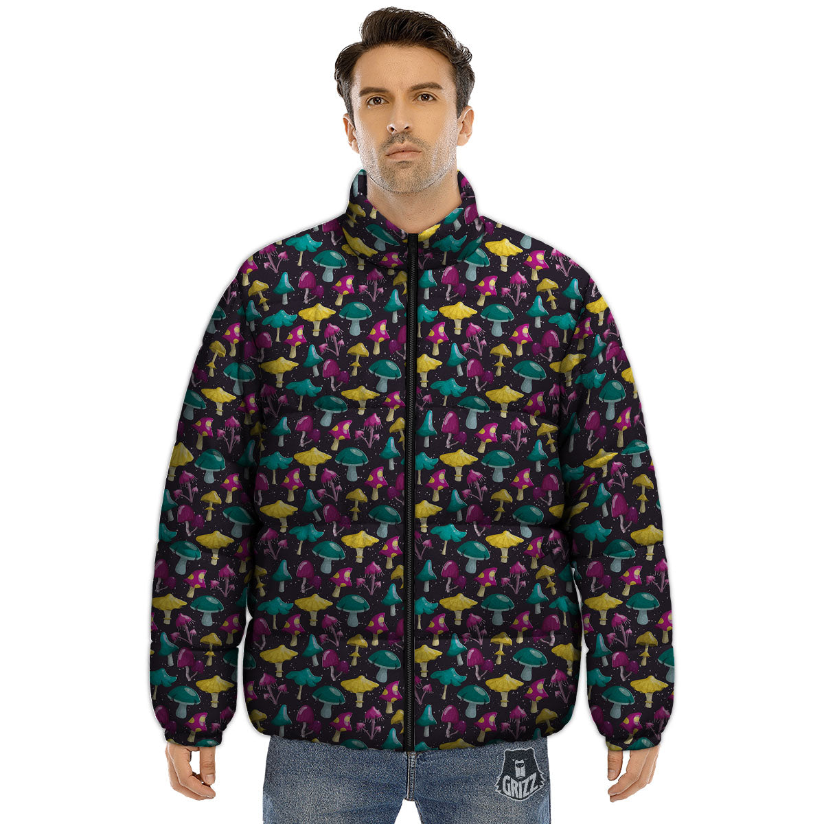 Mushroom Cartoon Print Pattern Puffer Jacket-grizzshop