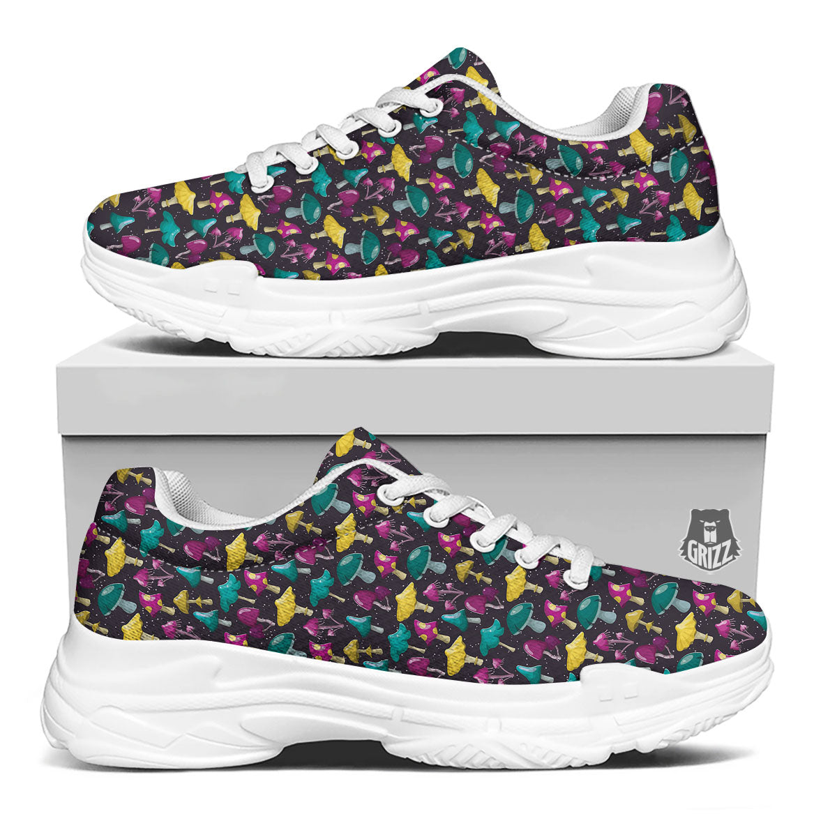 Mushroom Cartoon Print Pattern White Chunky Shoes-grizzshop